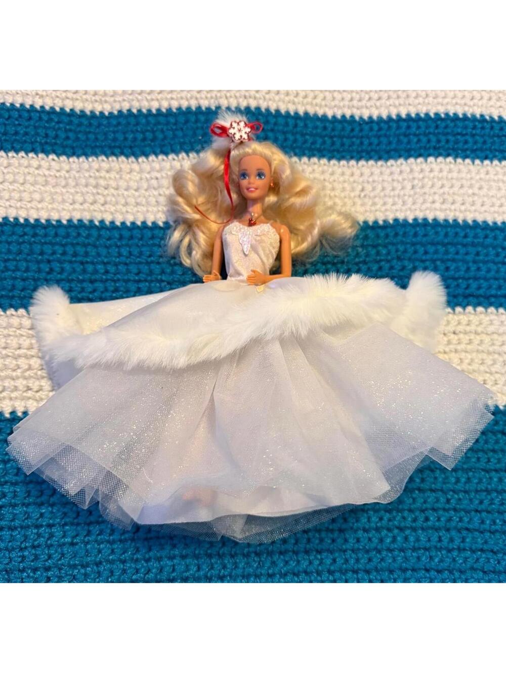 Vintage Holiday Barbie White Gown Fur Trim Blonde Mattel 1990s Doll